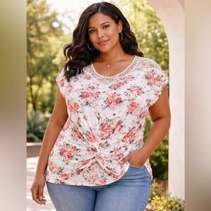 ✨ Bobbie Brooks Plus Floral Twist Front Top | Lace Yoke | Size 3X